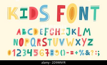 Childish cute alphabet. Hand drawn baby funky ABC, doodle letters, numbers and sight. Nursery bright alphabet vector illustration symbols set Stock Vector