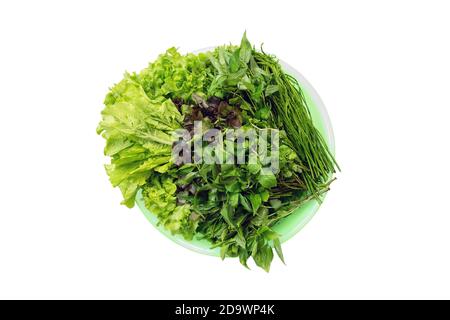 Fresh vegetables are available in the tray for fresh or raw food, isolated on white background, with clipping path. Stock Photo