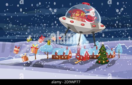 Merry Christmas Santa Claus flying in UFO spaceship flying saucer with gift boxes on little town winter night. Vector illustration isolated cartoon Stock Vector