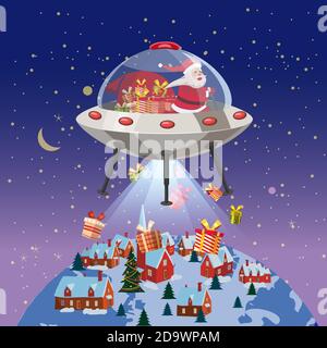 Merry Christmas Santa Claus flying in UFO spaceship flying saucer with gift boxes on little town winter night. Vector illustration isolated cartoon Stock Vector