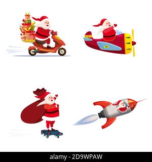Set of Santa Claus of different types of transport vehicles, moped, plane, rocket, drone. Vector, illustration, isolated cartoon style Stock Vector