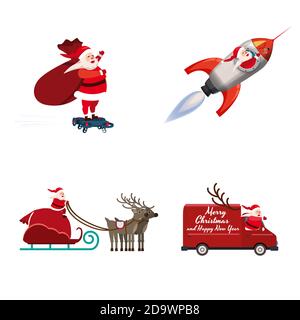 Set of Santa Claus of different types of transport vehicles truck, rocket, drone, sled. Vector, illustration, isolated cartoon style Stock Vector