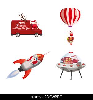 Set of Santa Claus of different types of transport vehicles truck, rocket, balloon, UFO. Vector, illustration, isolated cartoon style Stock Vector