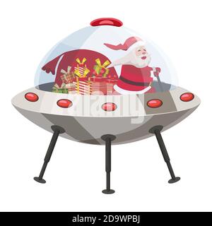 Santa Claus flying in UFO spaceship flying saucer with gift boxes. Vector illustration isolated cartoon style Stock Vector