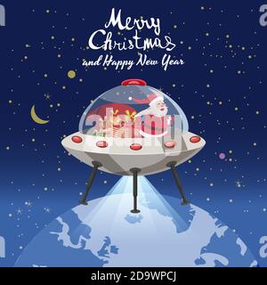 Merry Christmas Santa Claus flying in UFO spaceship flying saucer with gift boxes in space Earh night. Vector illustration isolated cartoon style Stock Vector
