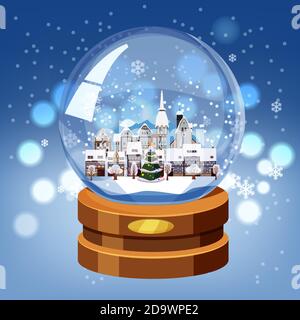 Christmas souvenir snow globe with little town in winter fir-tree. Vector illustration isolated Stock Vector