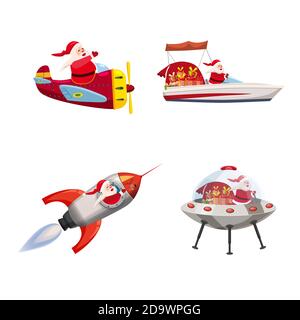 Set of Santa Claus of different types of transport vehicles boat, plane, rocket, UFO. Vector, illustration, isolated cartoon style Stock Vector