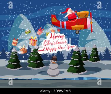 Santa Claus flying on retro airplane delivering gifts in the night sky over the winter landscape. Illustration vector isolated cartoon style poster Stock Vector