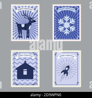 Set Merry Christmas retro postage stamps with rocket, deer and snowflakes. Vector illustration isolated Stock Vector