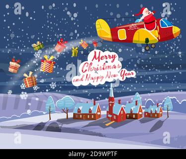 Santa Claus flying on retro airplane delivering gifts in the night sky over the city. Illustration vector isolated cartoon style poster banner Stock Vector