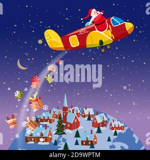 Santa Claus flying plane flies delivering gifts in space above the Earth. Illustration vector isolated cartoon style poster banner template Stock Vector