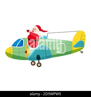 Santa Flying cargo airplane retro vintage. Vector isolated cartoon style Stock Vector