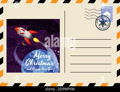 Christmas and New Year Postcard with stamps and mark. Santa Claus Rocket flies through the night sky above the Earth. Flat cartoon style vector Stock Vector