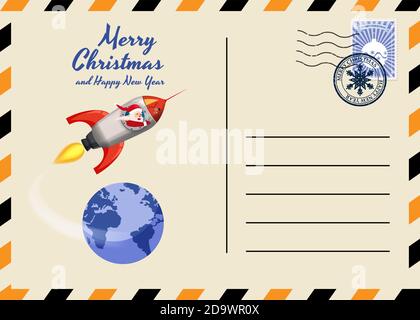 Christmas and New Year Postcard with stamps and mark. Santa Claus Rocket flies through the night sky above the Earth. Flat cartoon style vector Stock Vector