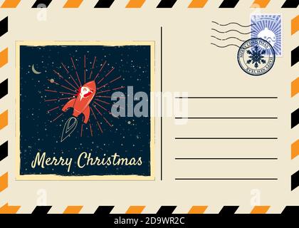 Christmas and New Year Postcard with stamps and mark retro. Santa Claus Rocket flies through the night sky above the Earth. Flat cartoon style vector Stock Vector