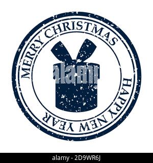 Merry Christmasand Happy New Year grunge dirty post stamp gift box icon isolated on white vector Stock Vector