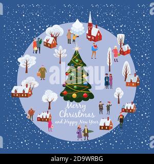 Christmas and New year winter village rural landscape with christmas tree people poster background. Vector illustration concept for greeting or postal Stock Vector