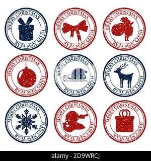 Merry Christmasand Happy New Year set dirty post stamp icon isolated on white vector Stock Vector