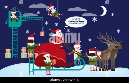 Santa Claus on a sleigh with deers and a huge bag of gifts. Elves helpers collect gifts. Vector isolated flat carton style illustration vector Stock Vector