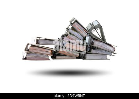 Many office documents are stacked isolated on white background. Stock Photo