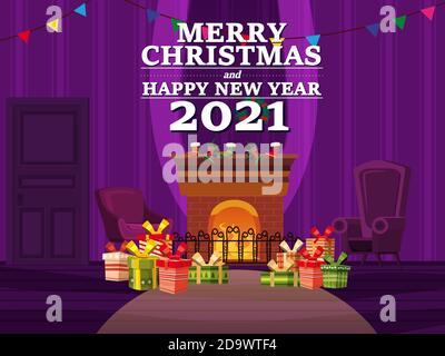 Merry Christmas interior of the living room with a Christmas tree, gifts and a fireplace, window, furniture, Xmas wreath, decorations. Vector Stock Vector