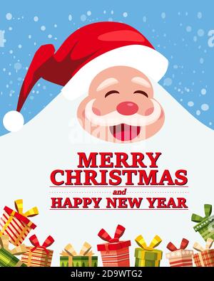 Santa Claus big and funny smiling with gifts boxes. Greeting card Merry Christmas and Happy New Year poster banner vector illustration isolated Stock Vector