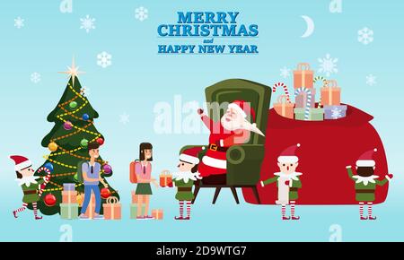 Merry Christmas and Happy New Year Santa Claus with his elf helpers and deers gives gifts to children in his residence. Vector illustration isolated Stock Vector