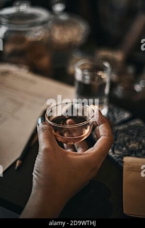 Cafe or bar table with tea.Toned picture ,selective focus Stock Photo