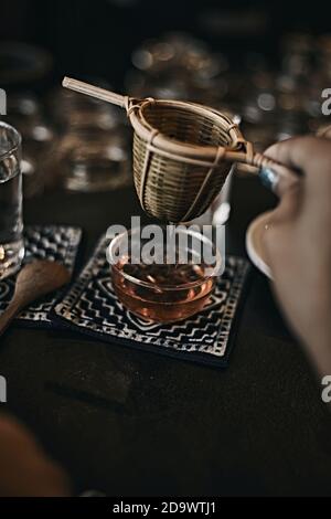 Cafe or bar table with tea.Toned picture ,selective focus Stock Photo