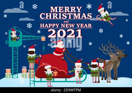 Santa Claus on a sleigh with deers and a huge bag of gifts. Elves helpers collect gift with text Merry Chrismas and Happy New Year 2021 Stock Vector