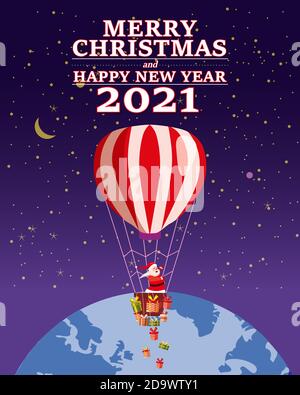 Santa Claus Van with text Merry Chrismas and Happy New Year 2021 flying in flying in a hot air balloon delivering shipping gifts on night winter Earth Stock Vector