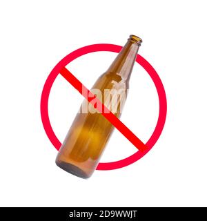 The red circle with slash on the glass bottle of alcohol on white background; concept for stop drinking. Stock Photo