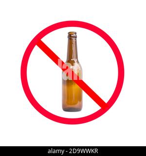 The red circle with slash on the glass bottle of alcohol on white background; concept for stop drinking. Stock Photo