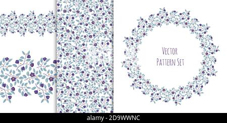 Set of floral backgrounds - seamless border, pattern, wreath, branches with teal leaves and purple flowers on white. Vector illustration, design for wallpaper, textile, fabric, wrapping, packaging Stock Vector