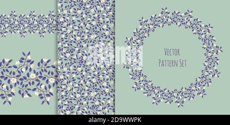 Set of floral backgrounds - seamless border, pattern, wreath, purple leaves and cream flowers on pistachio background. Vector illustration, design for wallpaper, textile, fabric, wrapping, packaging Stock Vector
