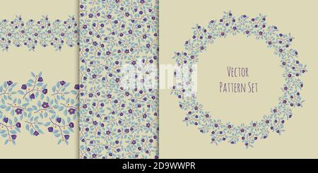 Set of floral backgrounds - seamless border, pattern, wreath, branches with teal leaves and purple flowers on cream. Vector illustration, design for wallpaper, textile, fabric, wrapping, packaging Stock Vector