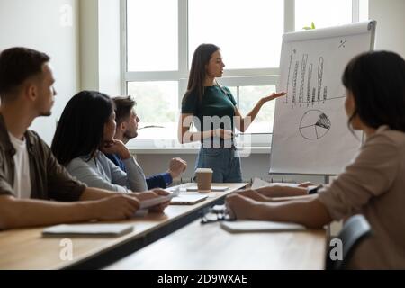 Young female presenter of project talking to investors on conference Stock Photo
