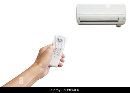 Hand holding the remote control to control the air conditioning isolated on white background. Stock Photo