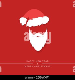 Santa Claus beard with mustache and hat silhouette isolated on red background. Holiday greeting card design element. Vector illustration Stock Vector