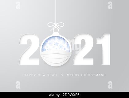 2021 happy New Year greeting card. Christmas ball in medical mask and greeting text. Protection from virus and illness concept. By happy and healthy i