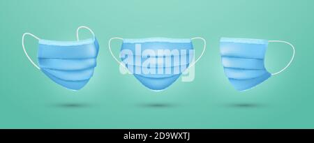 Set of medical face mask. Blue surgical mask template. Use respiratory masks - save life. Viruses and disease protection. Safety breath. Health care i Stock Vector