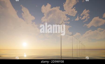 Sunrise wind generators farm calm sea 3d rendering Stock Photo
