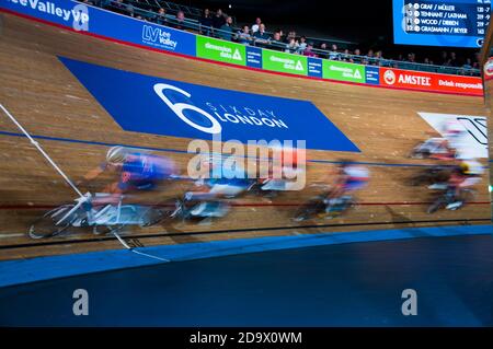 Riders were taking part in the Six Day track cycling championship at Lee Valley Velodrome, London, UK. Stock Photo