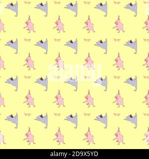 Seamless pattern. pets yoga. cute puppies go in for sports, gymnastics and stand in an asana, meditate. Vector illustration on a Light yellow Stock Vector