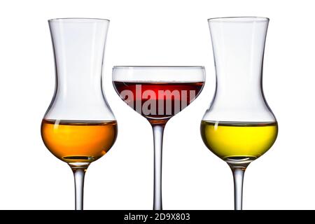 Glasses of different alcoholic drinks isolated on a white background. Saved clipping path. Stock Photo