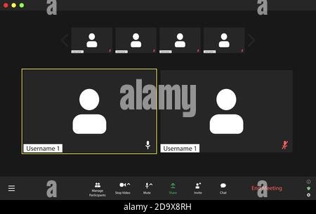 Video conference user interface, video conference calls window overlay. Six users. Stock Vector