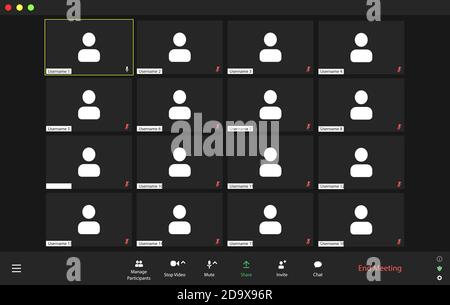 Template video conference user interface, video conference calls window overlay. Sixteen users. Stock Vector