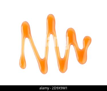 Maple syrup drizzle isolated on white background. Splashes of sweet maple syrup. Top view. Stock Photo