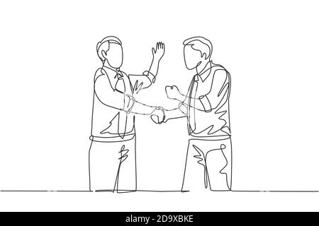 One single line drawing of two young happy businessmen colleagues shaking their hands to deal teamwork. Business agreement celebration concept Stock Vector