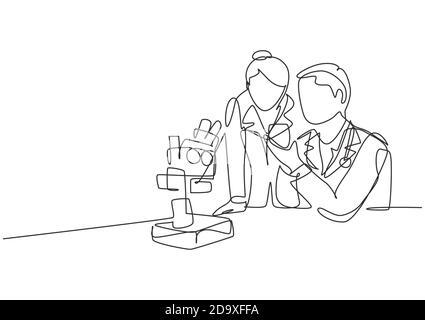 One continuous line drawing scientist analyze blood sample using laboratory microscope to find covid19 vaccine. Medical research coronavirus concept Stock Vector